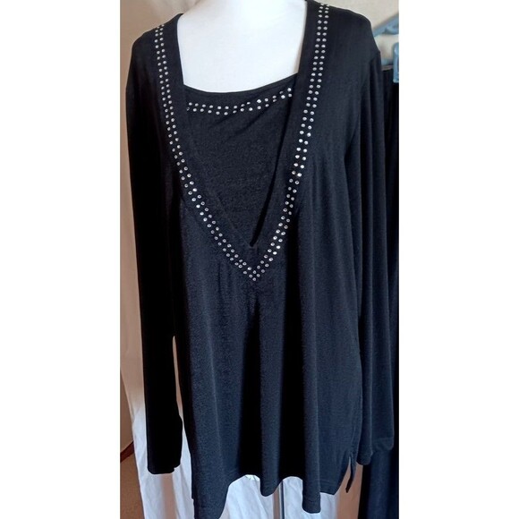 Quacker Factory 2 Pc Outfit Top & Pants L Black Rhinestone Trim Liquid Gold New - Picture 2 of 8